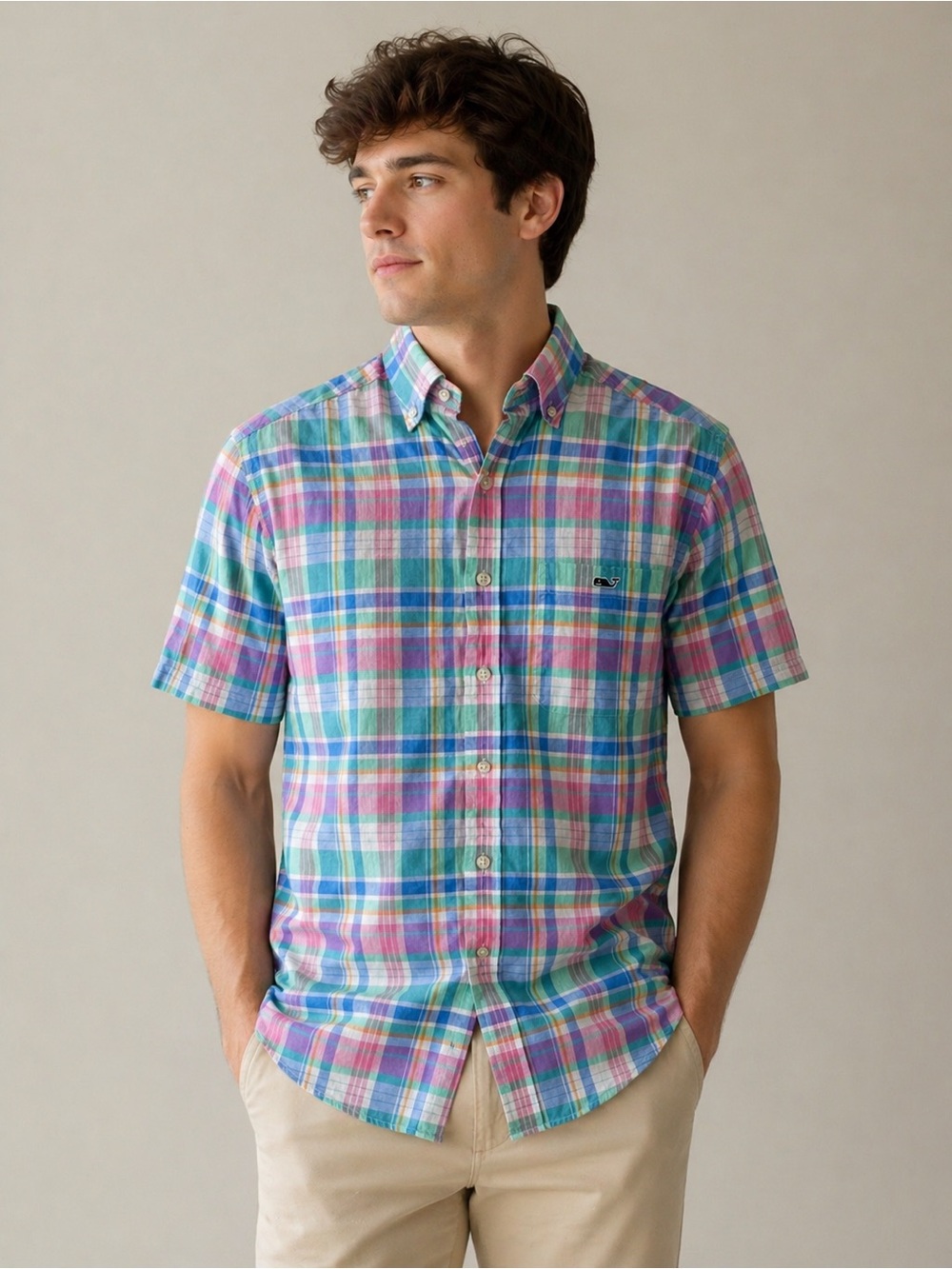 Vineyard  Vines short-Sleeve Plaid Button-Down Shirt in Blue & Pink